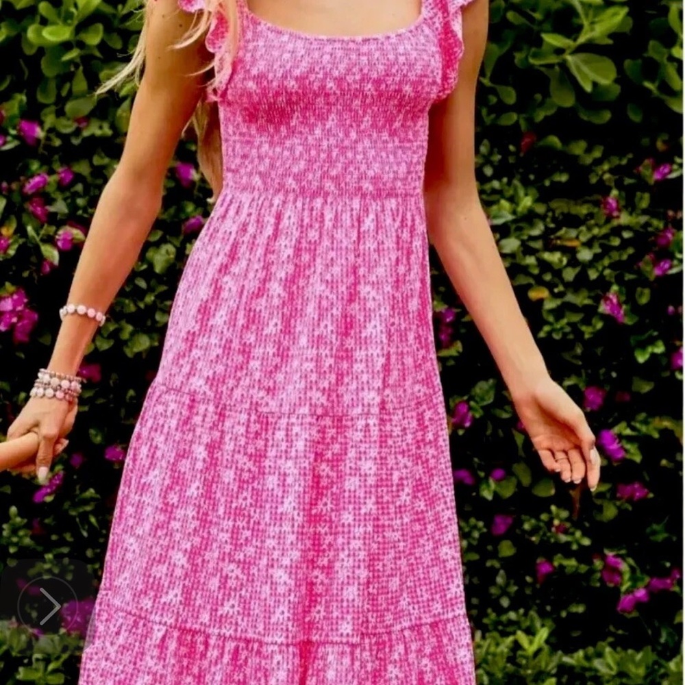 Lilly Pulitzer Aura Pink Smocked Midi Dress